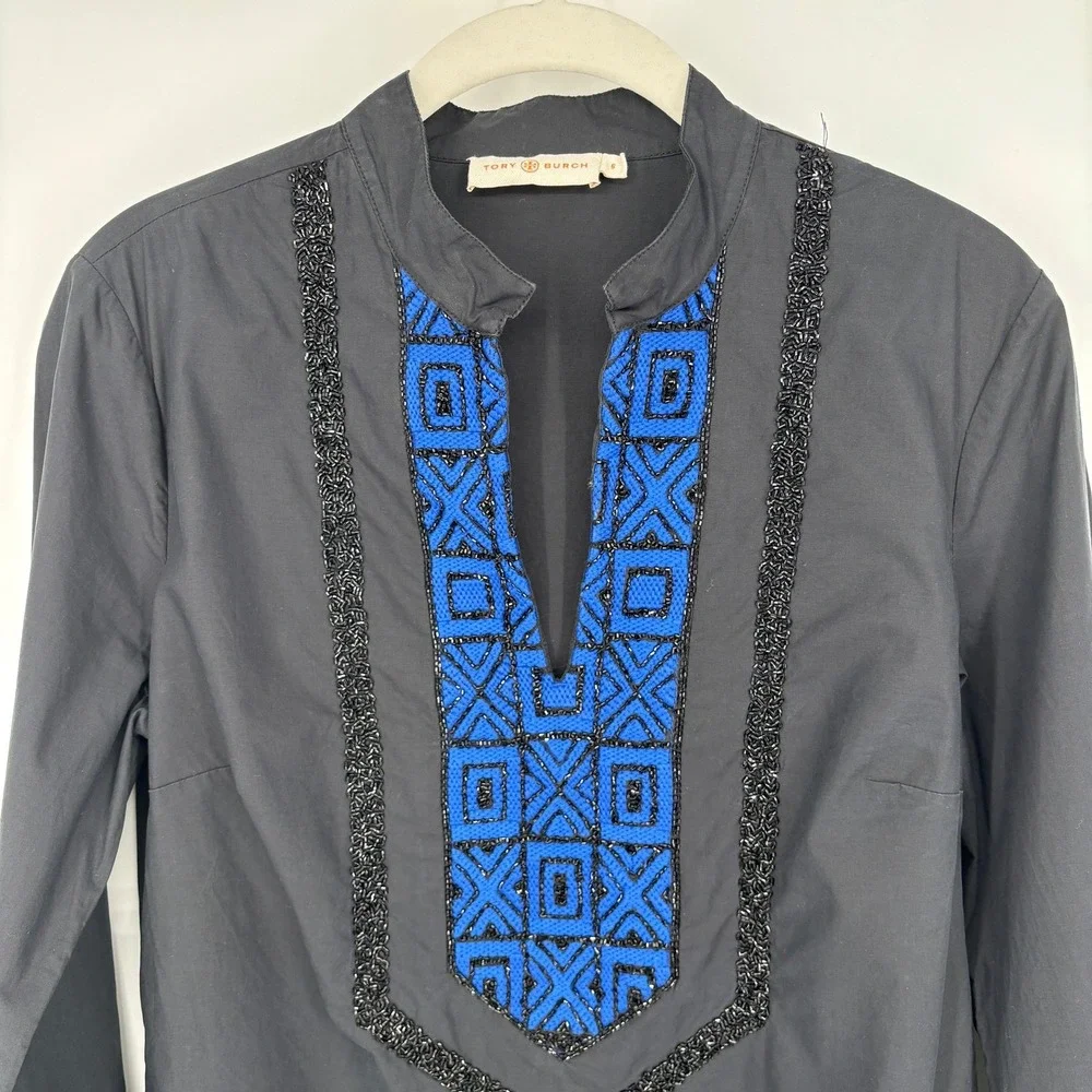 Tory Burch Cotton Tunic‎ Blue Black Embroidered Beaded Boho Top Size 6